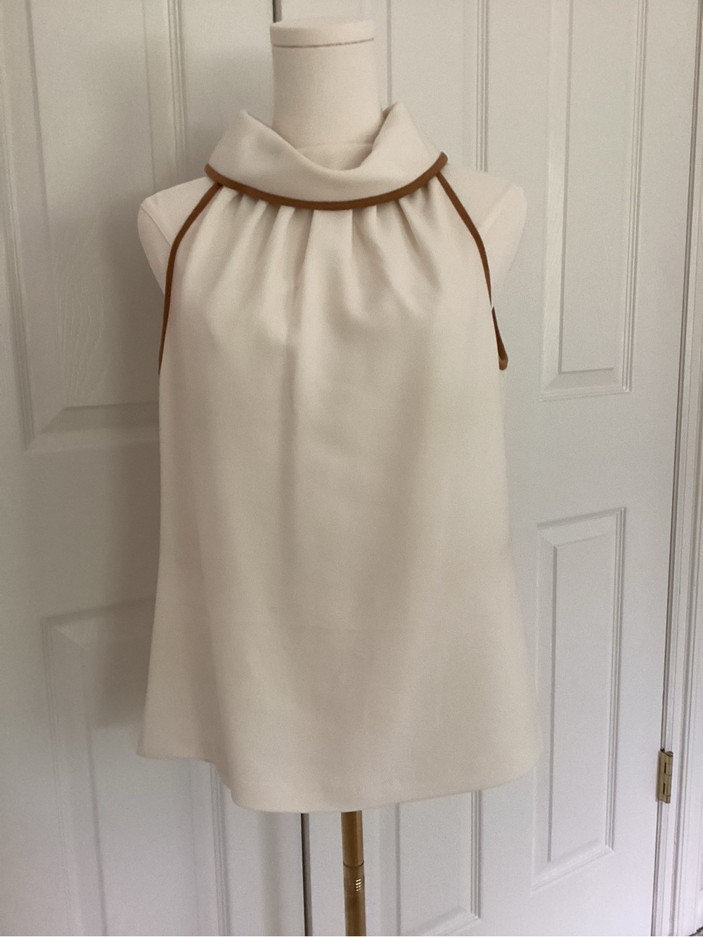 Sail to Sable Cream Cowl Neck top with Camel color suede Trim